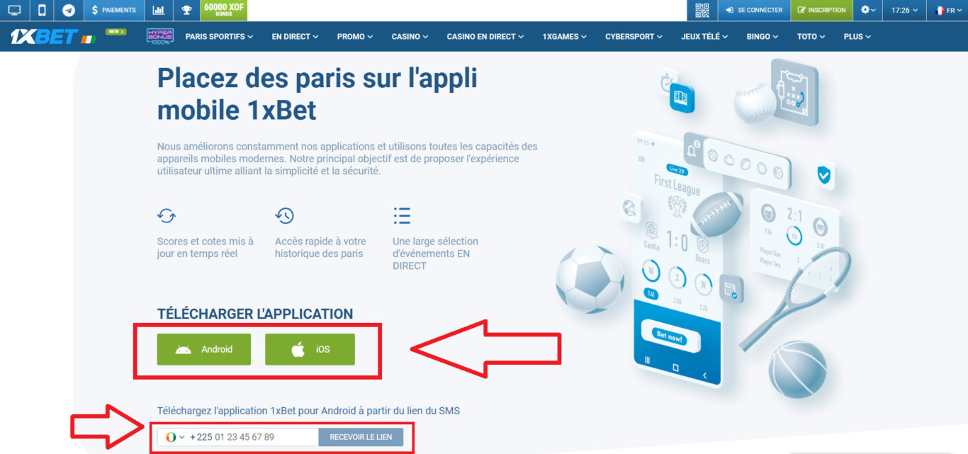 Processus de téléchargement de l'application 1xBet