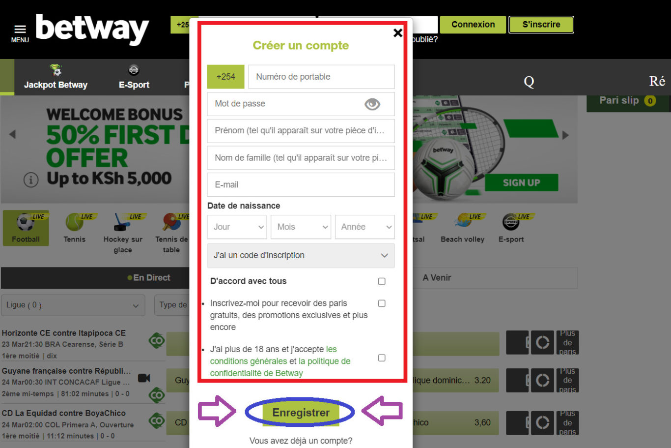 Processus d'Inscription sur Betway